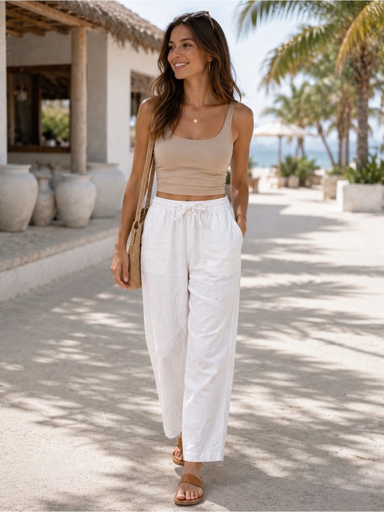 Per Se Pants - Per Se Linen Rayon Blend White Pull On Pants Size Large Elastic Waist